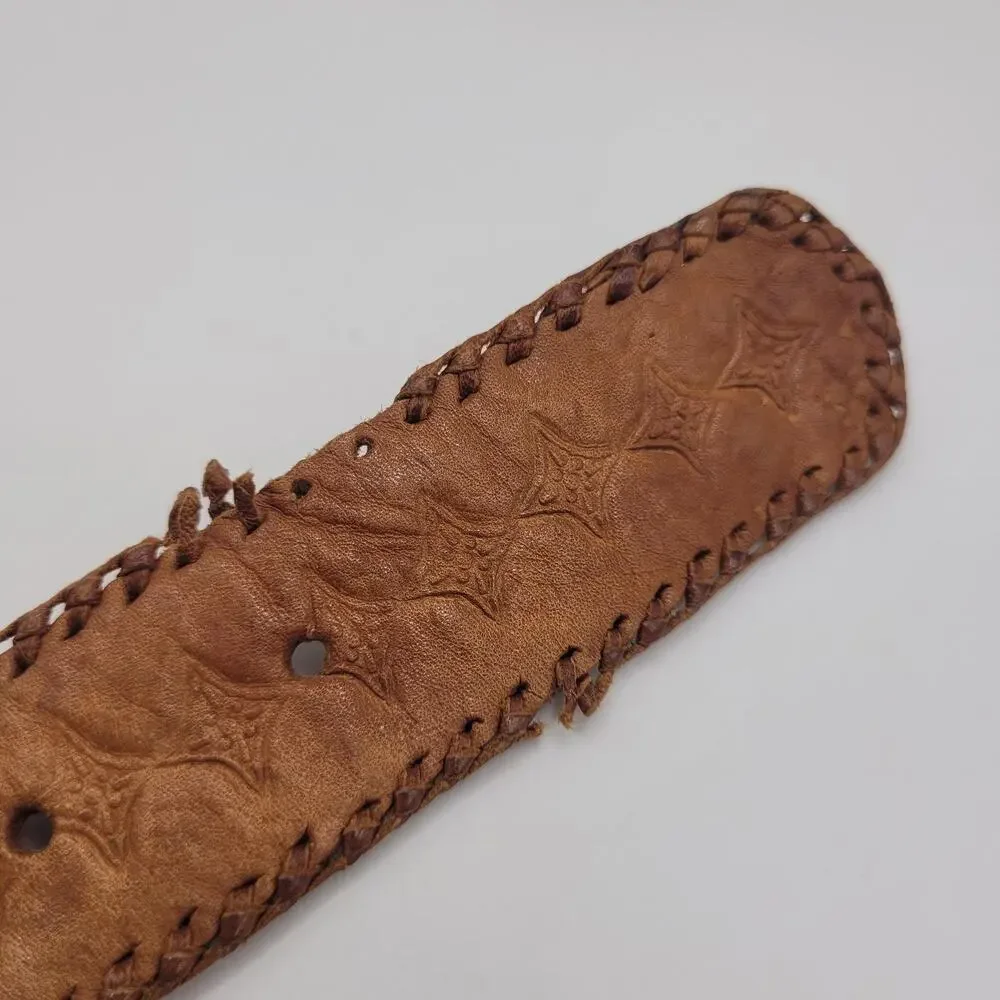 Brown Leather Belt Med Braided Woven Multicolor Stripe Artisan Ethnic Whipstitch
